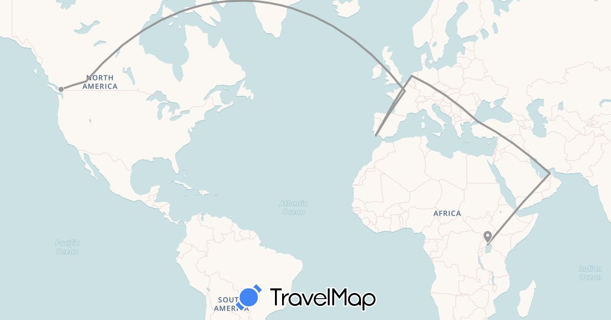 TravelMap itinerary: driving, plane in United Arab Emirates, Canada, France, Netherlands, Portugal, Turkey, Uganda (Africa, Asia, Europe, North America)